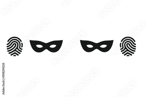 Two black masquerade masks and two fingerprint icons are displayed in a symmetrical row against a dark textured background, symbolizing concepts of anonymity, privacy, and personal security.