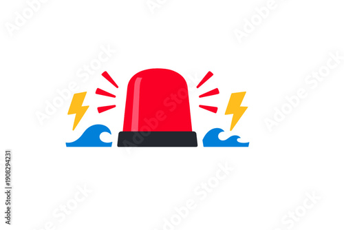This illustration features a red flashing siren light with red rays, yellow lightning bolts, and blue waves on a black background, representing an emergency weather warning.