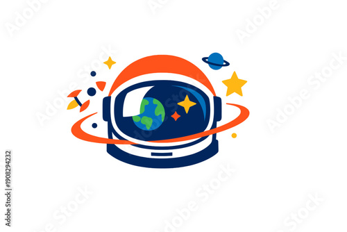 A flat vector illustration of a dark blue astronaut helmet featuring a reflection of Earth and stars in its visor, surrounded by a stylized orange ring and celestial bodies.