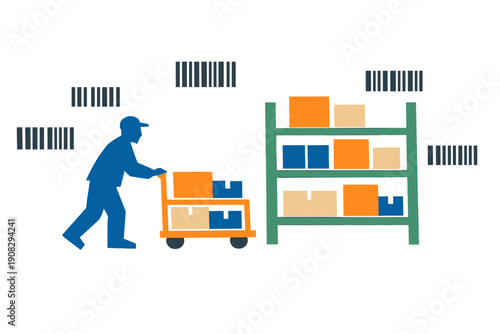 A blue silhouette of a warehouse worker pushes a cart loaded with boxes toward a storage shelf. Floating barcodes represent inventory management and logistics in a distribution center.
