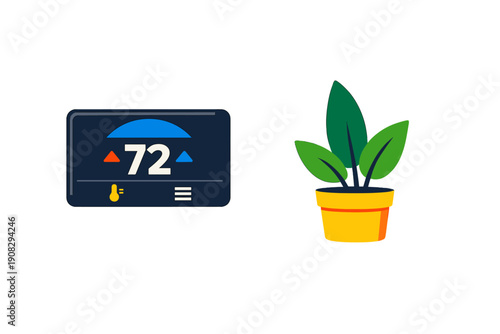 A digital thermostat displaying seventy-two degrees sits next to a green potted plant in a yellow pot. Both items are flat vector illustrations isolated on a solid black background.