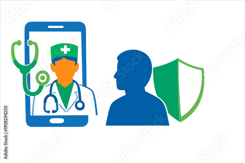 This flat illustration shows a doctor on a mobile phone screen with a patient silhouette and a protective shield, symbolizing digital healthcare, telemedicine, and medical security.