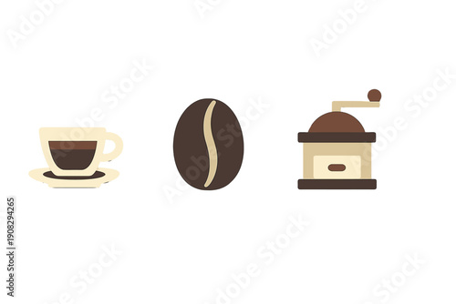 Three minimalist coffee-themed icons including a cup of espresso, a single roasted coffee bean, and a manual hand grinder are displayed against a dark background in a flat design style.