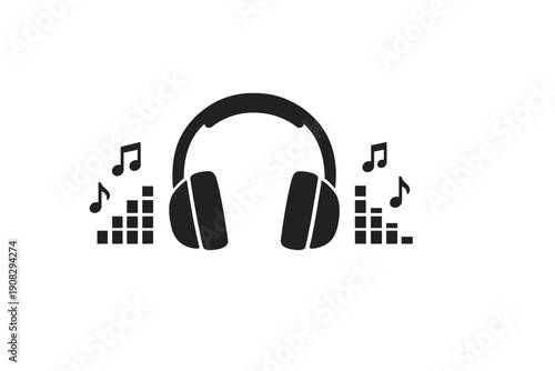 This minimalist black and white illustration shows a pair of headphones surrounded by musical notes and sound equalizer bars, all set against a plain black background.
