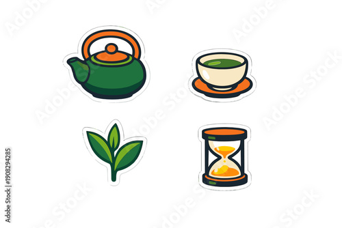 A set of four vector stickers featuring a green teapot, a cup of green tea on a saucer, fresh tea leaves, and an hourglass, all with white borders against a black background.