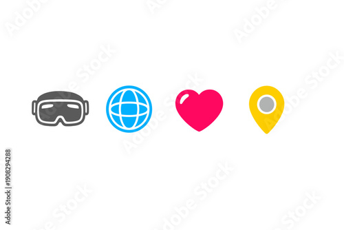 A set of four stylized icons including a virtual reality headset, a blue globe, a pink heart, and a yellow location pin are arranged horizontally on a dark background with subtle texture.