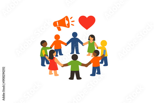 A flat illustration of a diverse group of people holding hands in a circle under a megaphone and a red heart symbol, representing unity, communication, and community support.