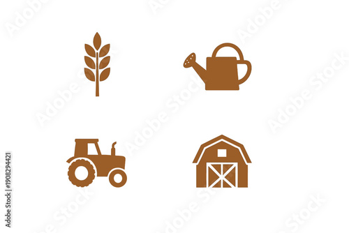 A set of four brown agricultural icons featuring a stalk of wheat, a watering can, a tractor, and a barn, all presented on a solid black background for a clean, minimalist look.