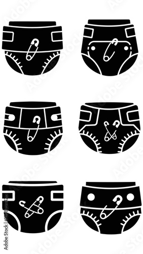 Baby Diaper Icons Set: Disposable, Cloth, Modern, Vintage Styles with Safety Pins