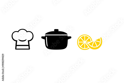 A minimalist illustration featuring a white chef's hat, a black cooking pot, and two yellow lemon slices arranged horizontally against a solid black background.