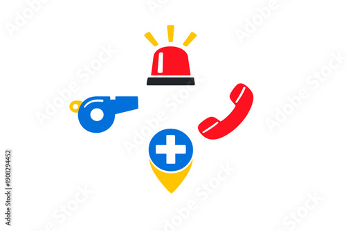 A collection of four emergency service icons including a red siren, a telephone handset, a blue whistle, and a medical location pin, all arranged on a solid black background.