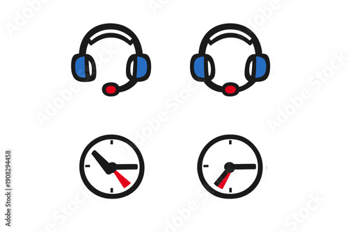 A set of four icons on a black background featuring two headsets with blue earcups and red microphones, along with two analog clocks showing different times with red hands.