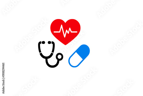 A minimalist graphic featuring a red heart with a heartbeat line, a blue and white capsule pill, and a black stethoscope icon arranged on a solid black background for medical themes.
