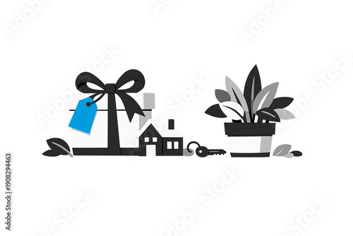 Stylized graphic featuring a white gift box with a blue tag, a miniature house, a key, and a potted plant. This minimalist design symbolizes home ownership and housewarming gifts.