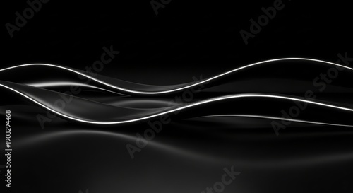 Sleek, black 3D waves with glowing white neon edges flow smoothly across a dark surface, creating a futuristic, minimal background.
