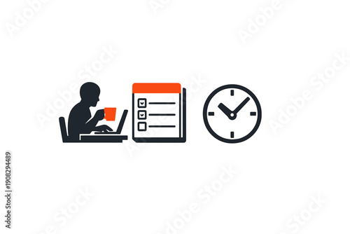 A minimalist illustration featuring a person working on a laptop with a coffee mug, a checklist with red accents, and a clock icon, representing productivity and time management.