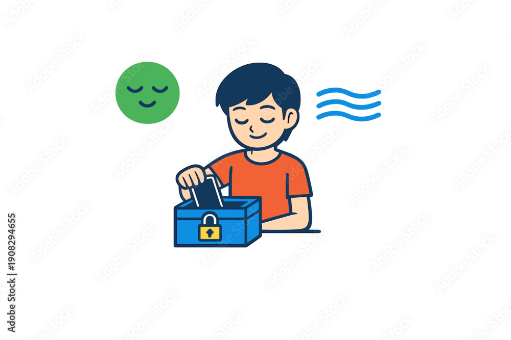 Naklejka premium A cartoon boy with a peaceful expression puts his smartphone into a locked blue box. A green smiley face and wavy lines float nearby, symbolizing a digital detox and mental well-being.