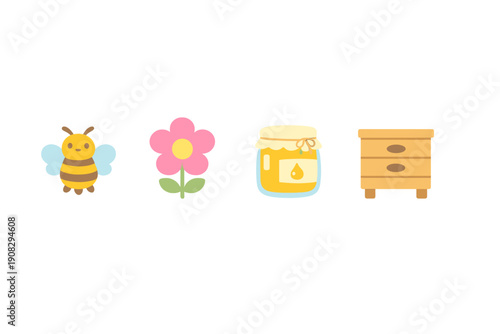 A collection of four flat vector icons featuring a cute bumblebee, a pink flower, a jar of honey, and a wooden chest of drawers, all isolated on a solid black background.