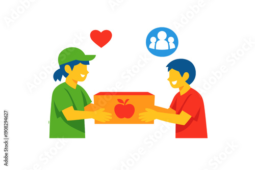 A flat vector illustration depicts a volunteer in a green cap handing a box of food with an apple icon to a person in a red shirt, representing community aid and charitable giving.
