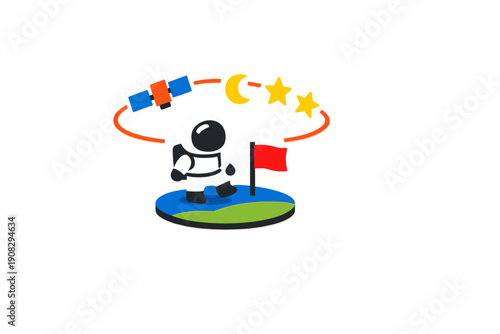 A cartoon illustration of a black astronaut standing on a small planet next to a red flag. An orange orbit contains a satellite, a crescent moon, and two yellow stars on a black background.