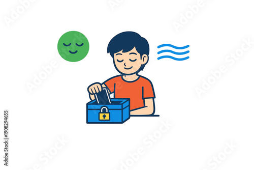 A cartoon boy with a peaceful expression puts his smartphone into a locked blue box. A green smiley face and wavy lines float nearby, symbolizing a digital detox and mental well-being.