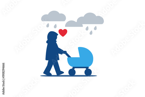 A minimalist silhouette of a parent pushing a baby carriage through the rain. Grey clouds and blue raindrops are visible above, with a red heart icon symbolizing love and devotion.