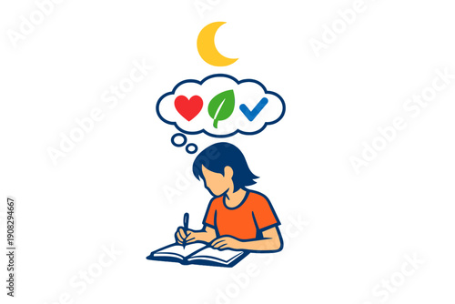 A flat illustration of a person writing in a journal at night under a crescent moon. A thought bubble above shows icons of a heart, a leaf, and a checkmark representing reflection.