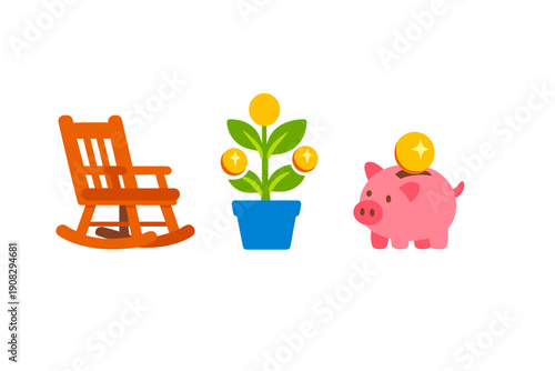 Three colorful icons representing retirement and savings, featuring a wooden rocking chair, a money plant in a blue pot, and a pink piggy bank with a gold coin on a black background.