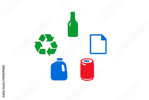 A collection of colorful recycling icons including a green recycling symbol, a glass bottle, a plastic jug, a paper sheet, and a red aluminum can, all set against a black background.