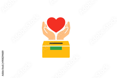 This flat illustration features two hands gently holding a red heart over a yellow donation box. It symbolizes charity, kindness, and giving to those in need on a dark background.