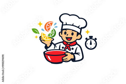 A cheerful cartoon chef in a black uniform and hat tosses slices of orange, lemon, and lime into a red bowl. A stopwatch icon and sparkling stars surround the character.