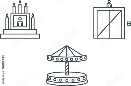 Amusement park carousel elevator and stage platform icons set line art vector illustrating entertainment ride attraction symbols collection