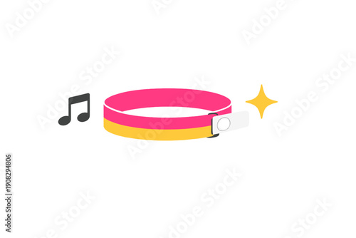 This flat vector illustration depicts a two-tone pink and yellow wristband or collar with a white sensor attached, accompanied by a musical note and a star icon.