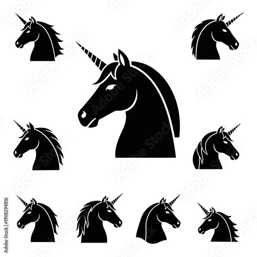 Black Unicorn Head Silhouettes Collection, Mythical Creature Icons