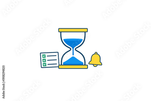 This minimalist graphic shows a blue hourglass, a task list with green checkmarks, and a yellow bell icon, representing time management and productivity concepts.