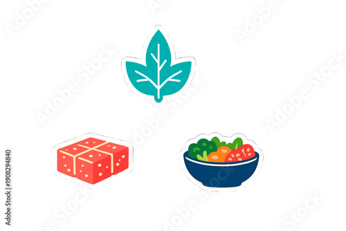 A collection of three colorful food and nature stickers featuring a teal leaf, a red block of food tied with string, and a bowl of fresh vegetables on a black background.