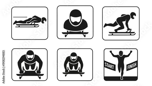 Bobsledding and Skeleton Sports Icons: Athletes, Sleds, Start and Finish Line