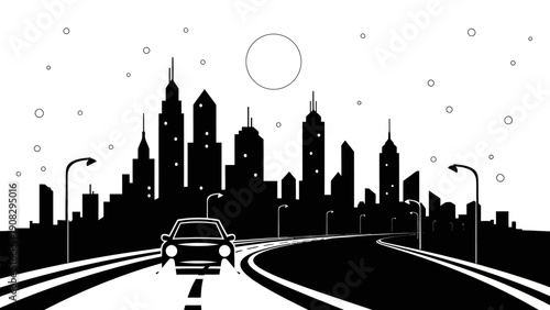 Car Driving Towards City Skyline at Night with Snowfall