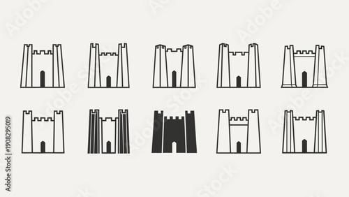 Castle Icons Set: Medieval Fortress Outline and Silhouette Collection