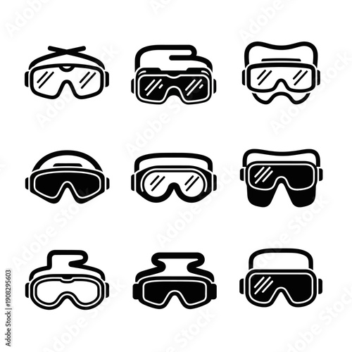 Collection of Black and White Goggle Icons: Ski, Safety, VR, and Goggles