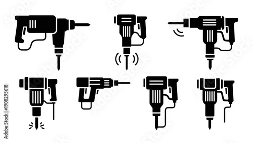 Collection of Black and White Rotary Hammer Drill Icons