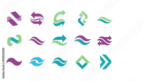 Collection of Colorful Abstract Arrows and Swirls Icons, Symbols, and Logos