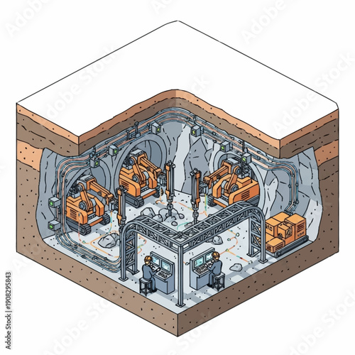 Underground mining operation with heavy machinery and control room.