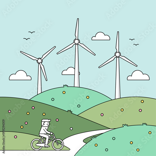 Flat Vector Spring Wind Farm Scene