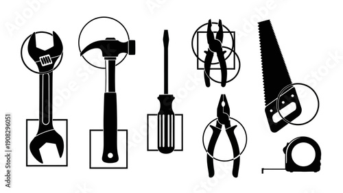 Collection of Hand Tools Silhouette: Wrench, Hammer, Screwdriver, Pliers, Saw, Tape Measure