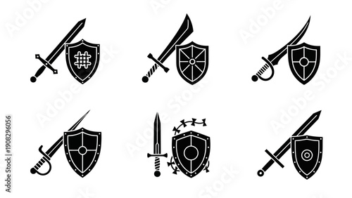 Collection of Medieval Swords and Shields Icons, Warrior Symbols, Battle Emblems