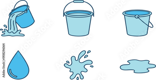 Plastic Water Bucket Vector Illustration Set with Blue Pail Pouring Water Single Water Drop Splash and Puddle Isolated