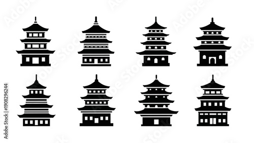 Collection of Traditional Pagoda Icons, Japanese Temple Architecture Silhouettes