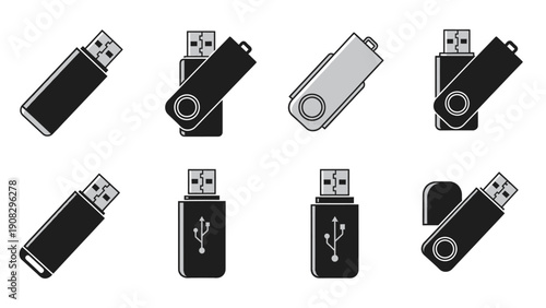 Collection of USB Flash Drives Icons, Portable Storage Devices, Data Transfer Technology