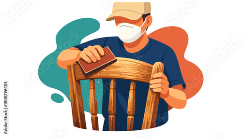 Man sanding wooden chair wearing mask and cap.